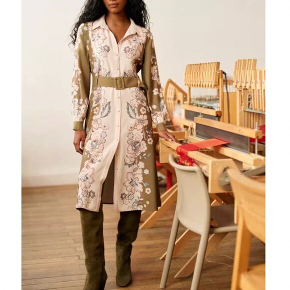 Sezane Tatiana Midi Shirt Dress Rama Kaki Floral French Elegant Casual FR40/US8 - Picture 2 of 9